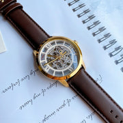 Fossil Townsman Automatic Skeleton Gold Dial Brown Leather Strap Watch for Men - ME3043