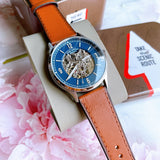 Fossil Forrester Luggage Automatic Skeleton Blue Dial Brown Leather Strap Watch for Men - ME3179