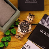 Guess Chaser Chronograph Black Dial Rose Gold Steel Strap Watch for Men - W0170G3