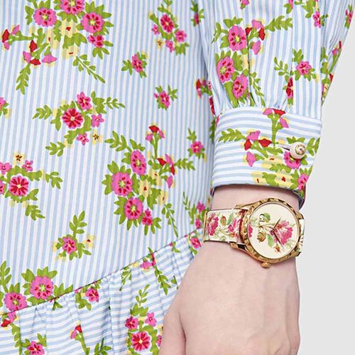 Gucci G Timeless Floral Gold Dial White Leather Strap Watch  display picture 1