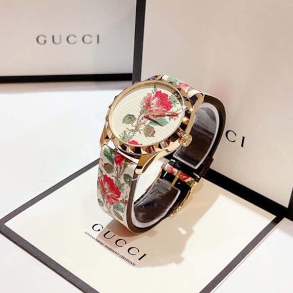 Gucci G Timeless Floral Gold Dial White Leather Strap Watch 