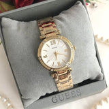 Guess Park Ave South Analog White Dial Gold Steel Strap Watch For Women - W0767L2