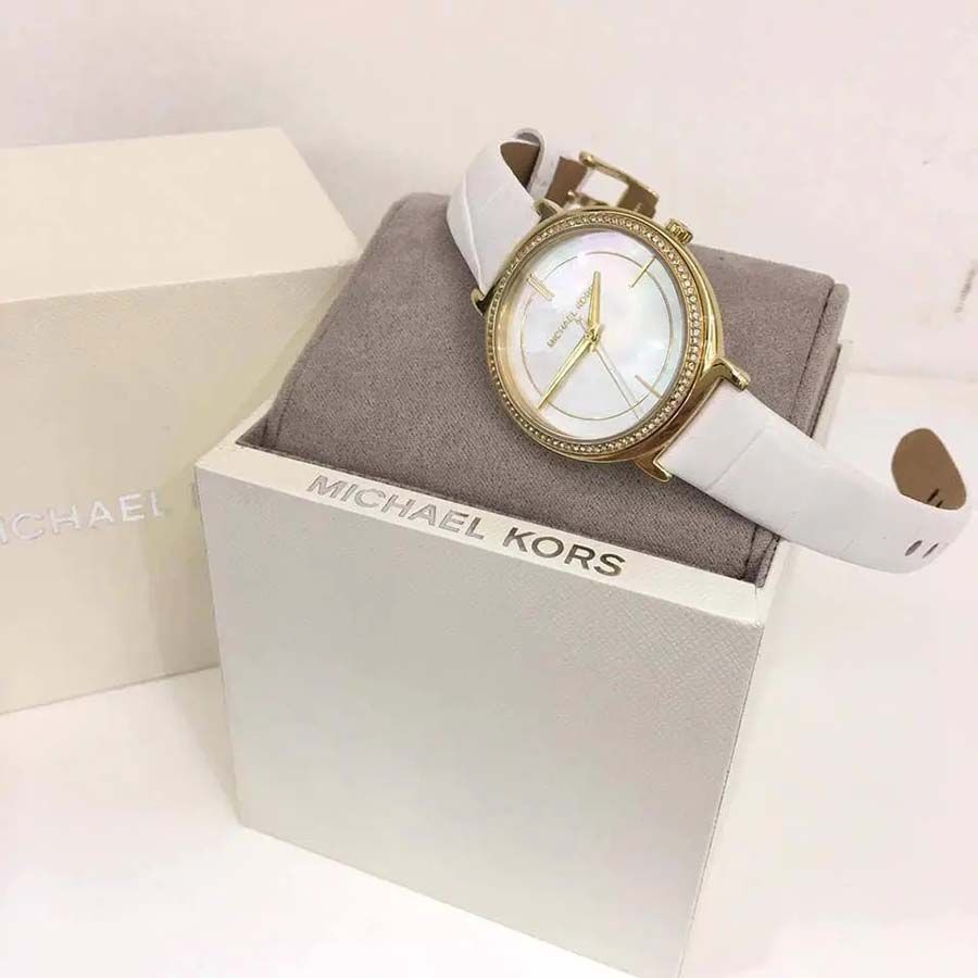 Michael Kors Cinthia Mother of Pearl Dial White Leather Strap Watch for Women - MK2662