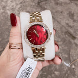 Michael Kors Darci Quartz Mother of Pearl Red Dial Gold Steel Strap Watch For Women - MK3583