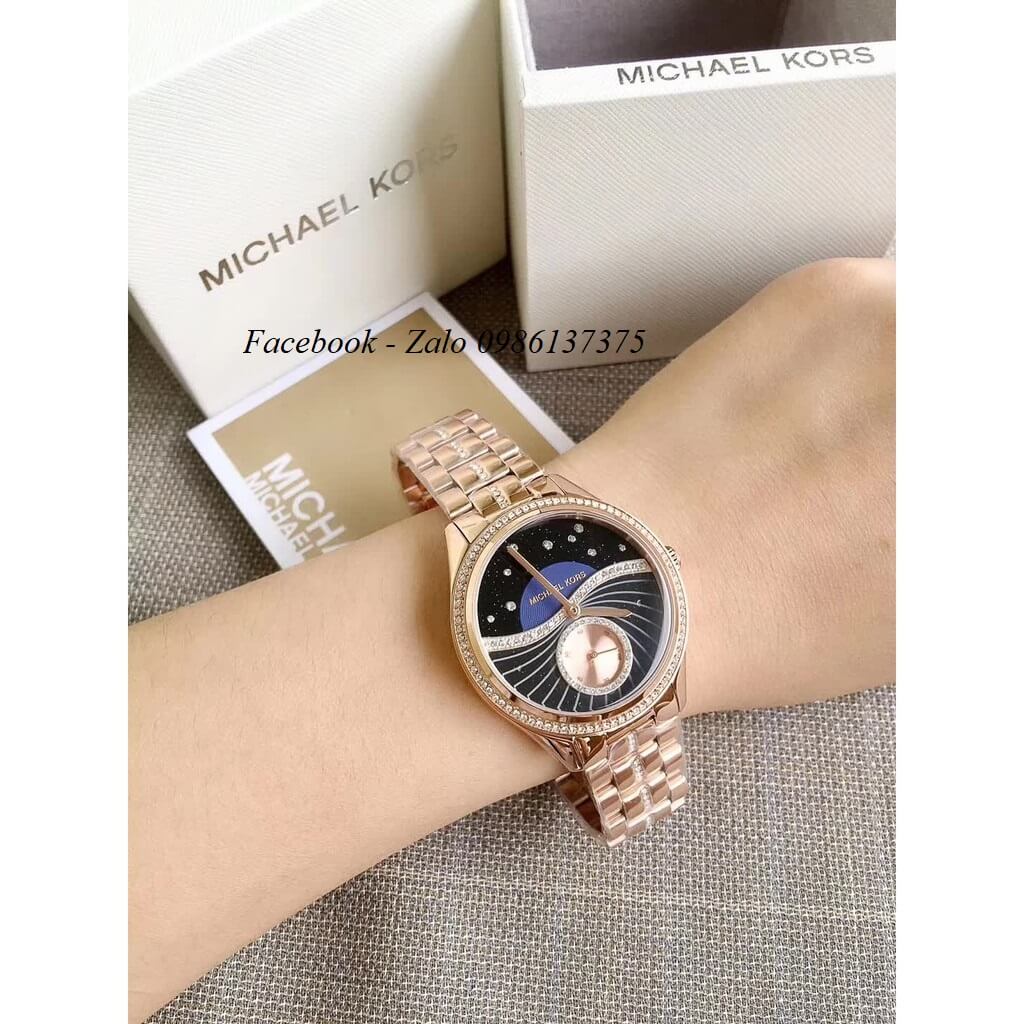 Mk3724 Michael Kors Lauryn Blue Dial Rose Gold Steel Strap Watch สำหรับผู้หญิง