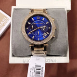 Michael Kors Parker Chronograph Blue Dial Gold Steel Strap Watch For Women - MK6262