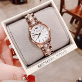 Michael Kors Runway Mercer Mother of Pearl White Dial Two Tone Steel Strap Watch For Women - MK6674