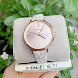 Michael Kors Jayne Three Hand Rose Gold Dial White Leather Strap Watch For Women - MK7128