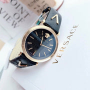Versace V-Twist Black Dial Black Leather Strap Watch for Women - VELS00619