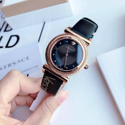 Versace V-Motif Vintage Logo Black Dial Black Leather Strap Watch for Women - VERE00818