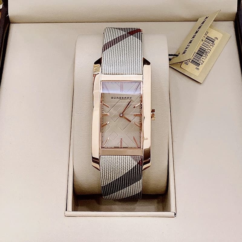 Burberry The Pioneer Rose Gold Dial Haymarket Brown Leather Strap