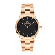 Daniel Wellington Iconic Link Black Dial Rose Gold Steel Strap Watch for Women - DW00100210