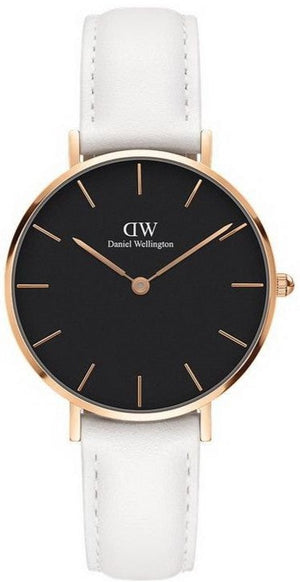 Daniel Wellington Classic Petite Bondi Black Dial White Leather Strap Watch For Women - DW00100283