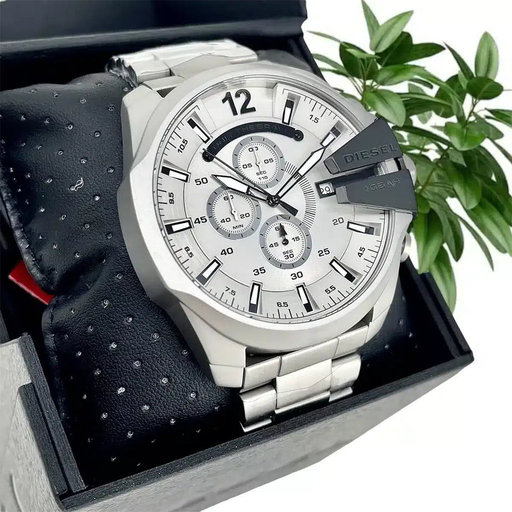 Diesel Mega Chief Chronograph Silver Dial Silver Steel Strap Watch For Men