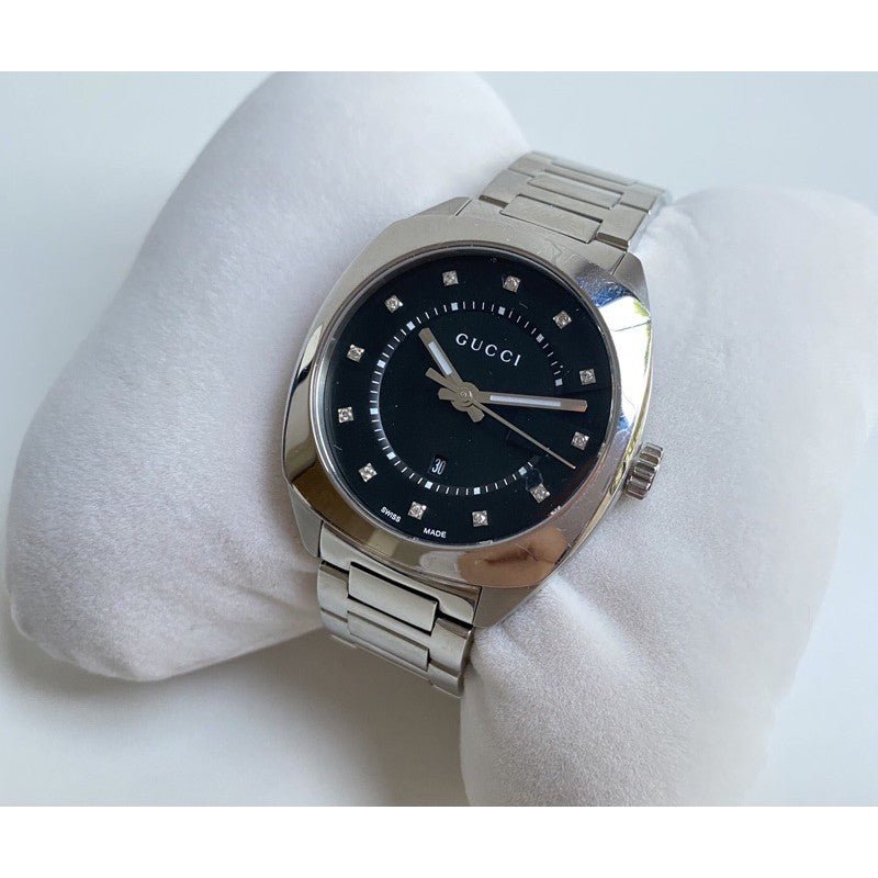 Gucci GG2570 Diamonds Black Dial Silver Steel Strap Watch For