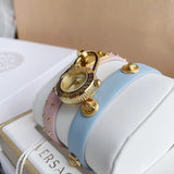 Versace Medusa Lock Icon Quartz Gold Dial Pink & Blue Leather Strap Watch For Women - VEDW00219