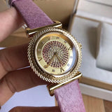 Versace V-Motif Vintage Logo Diamonds Gold Dial Pink Leather Strap Watch for Women - VERE01118