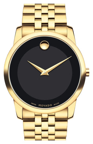 Movado Museum Classic Quartz Black Dial Gold Steel Strap Watch for Men - 0607203