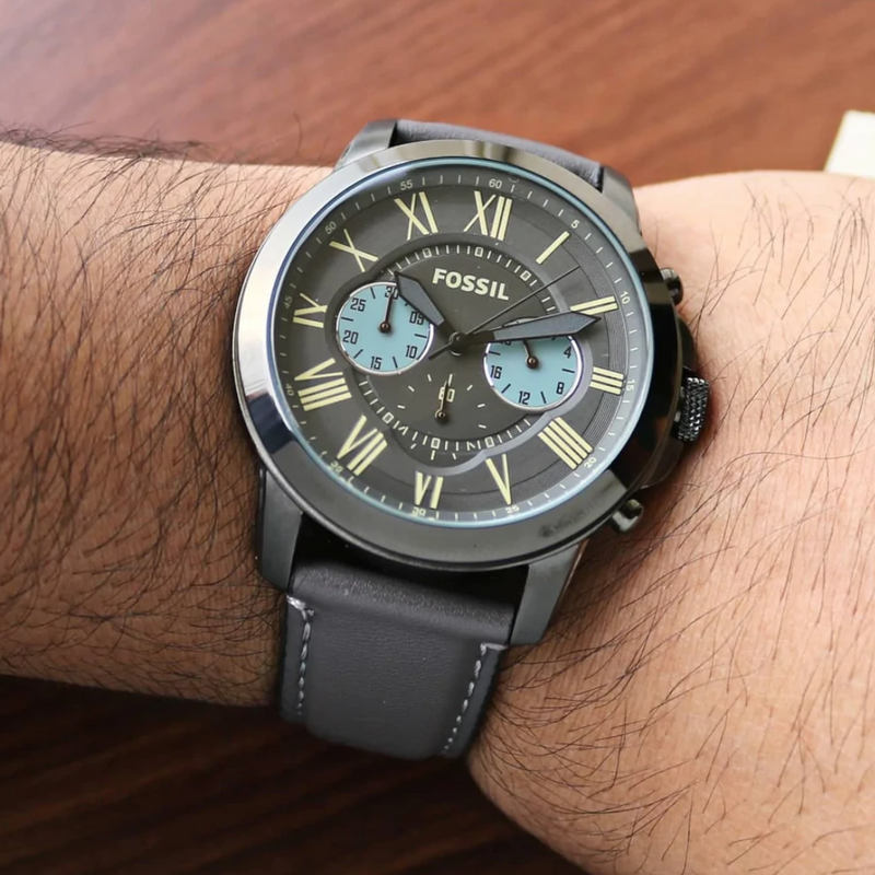 Fossil Grant Chronograph Gunmetal Dial Grey Leather Strap Watch