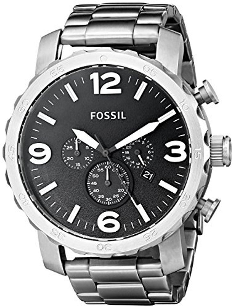 Fossil Nate Chronograph Black Dial Silver Steel Strap Watch for Men