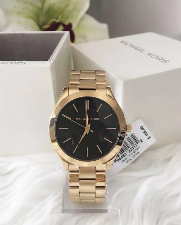 Michael Kors Runway Black Dial Gold Steel Strap Watch for Women