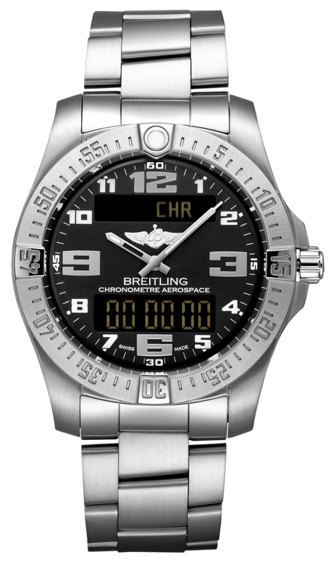 Breitling Aerospace Evo Herrenuhr mit schwarzem Zifferblatt und silbernem Stahlarmband