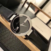Gucci G Interlocking Black Dial Black Leather Strap Watch For Women - YA133501
