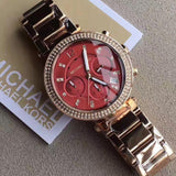 Michael Kors Parker Chronograph Red Dial Rose Gold Steel Strap Watch For Women - MK6106