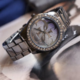 Guess G Twist Diamonds Purple Dial Black Steel Strap Watch For Women - W1201L4