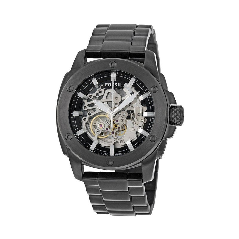 Fossil Modern Machine Automatic Silver Dial Black Steel Strap Watch fo
