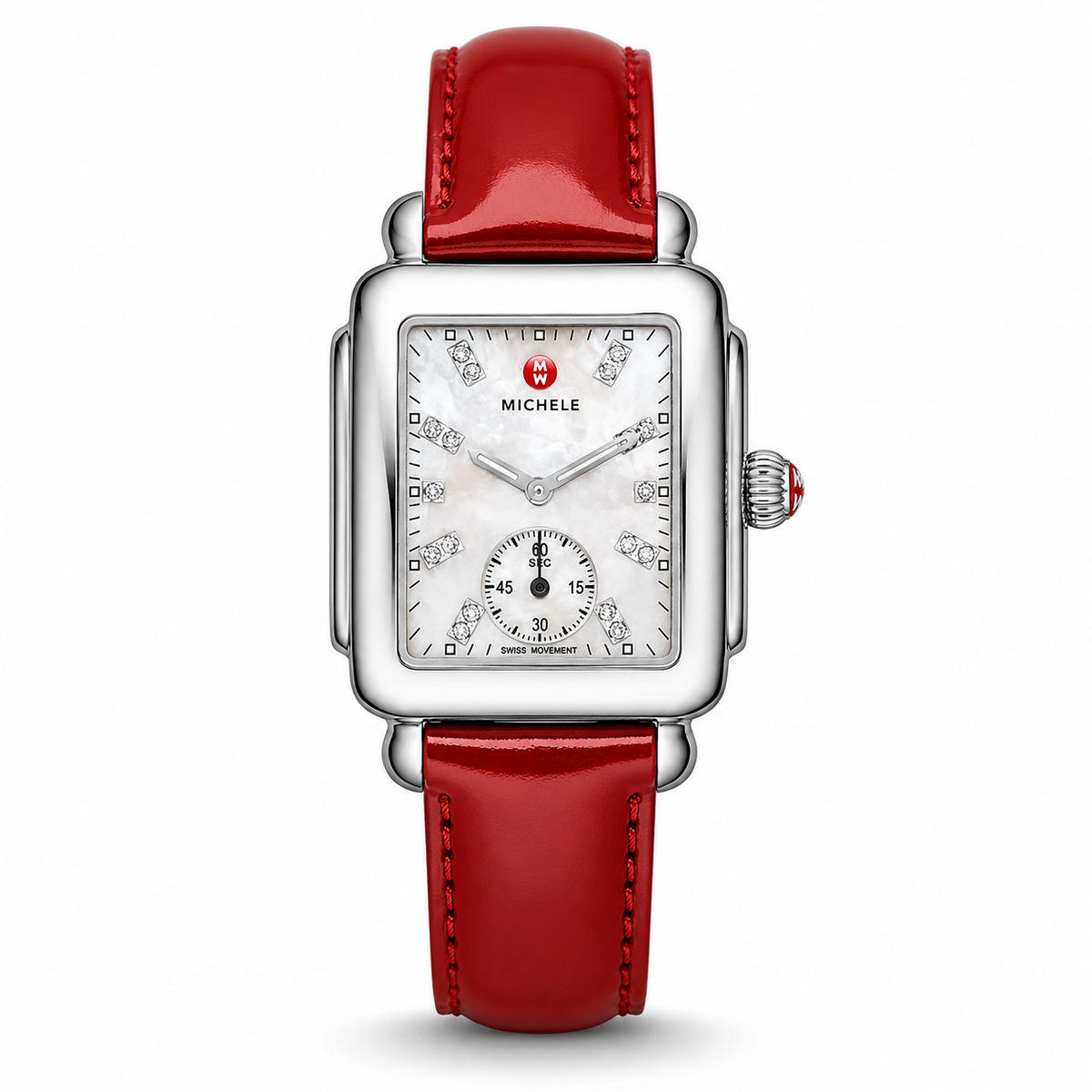 Michele Deco Mother of Pearl Dial Red Leather Strap Watch For Women - MWW06V000014
