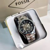 Fossil Grant Skeleton Black Dial Silver Steel Strap Watch for Men - ME3055