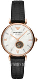 Emporio Armani Gianni T Bar Mother of Pearl White Dial Black Leather Strap Watch For Women - AR60047