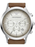 Emporio Armani Classic Chronograph Silver Dial Brown Leather Strap Watch For Men - AR2471