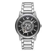 Emporio Armani Meccanico Automatic Skeleton Black Dial Silver Steel Strap Watch For Men - AR60021