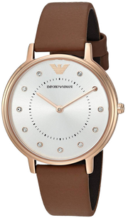 Emporio Armani Classic Analog Silver Dial Brown Leather Strap Watch For Women - AR8040