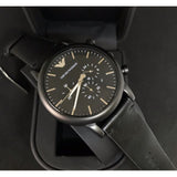 Emporio Armani Dress Chronograph Black Dial Black Leather Strap Watch For Men - AR1918