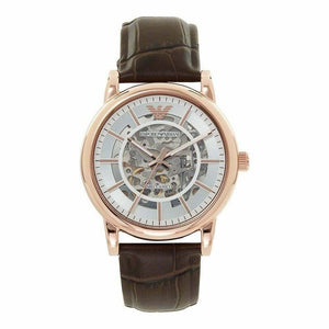 Emporio Armani Meccanico Silver Skeleton Dial Brown Leather Strap Watch For Men - AR1983