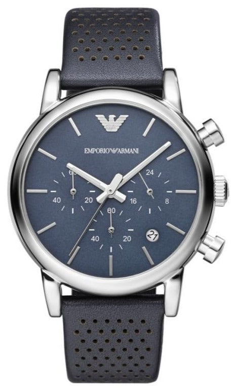 Emporio Armani Luigi Cronografo quadrante blu cinturino in pelle nera orologio da uomo