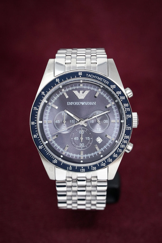 Emporio Armani Sportivo Chronograph Blue Dial Silver Steel Strap