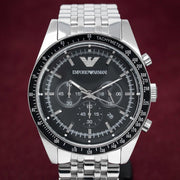 Emporio Armani Tazio Chronograph Black Dial Silver Steel Strap Watch For Men - AR5988