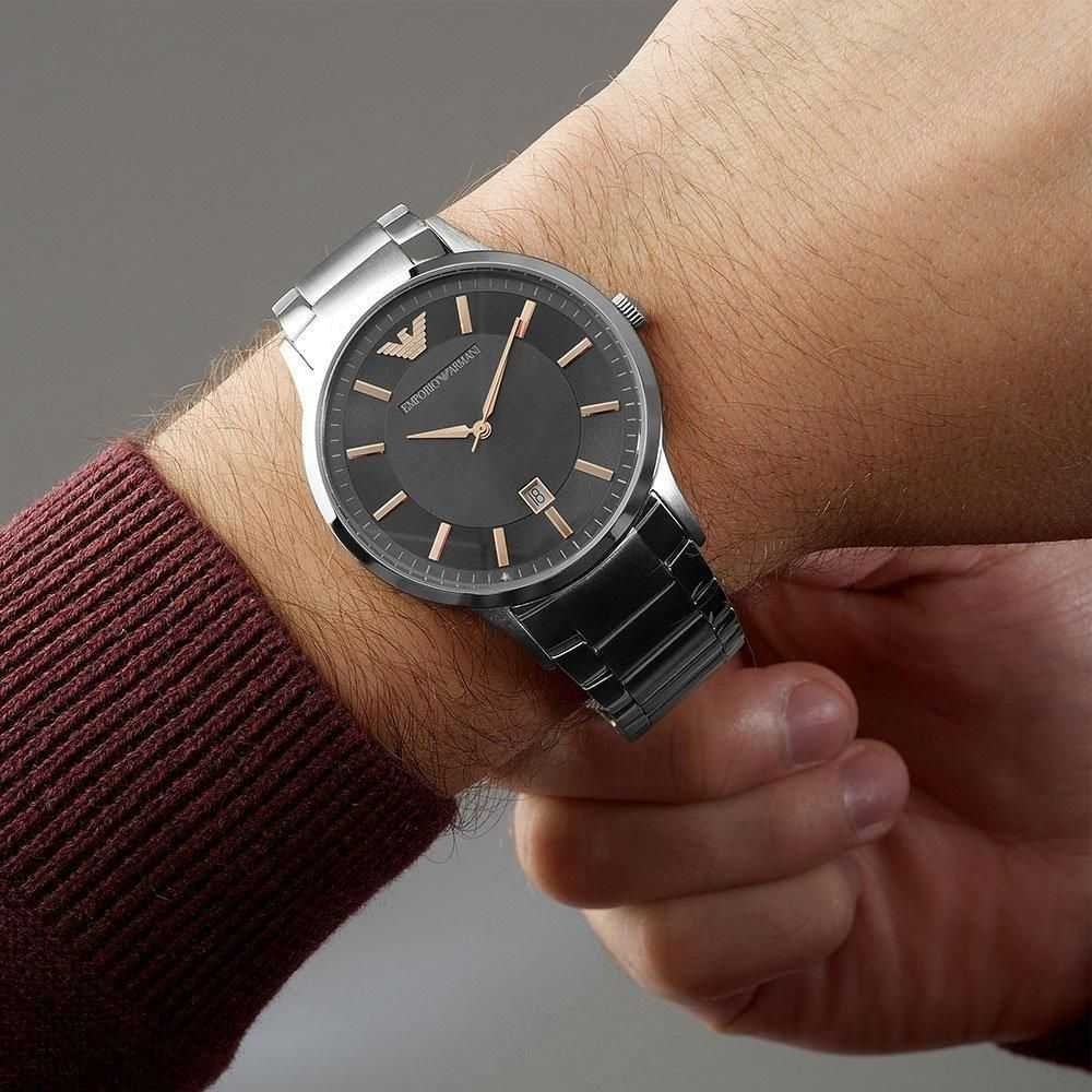 Emporio Armani Renato Quartz Grey Dial Silver Steel Strap Watch For Men