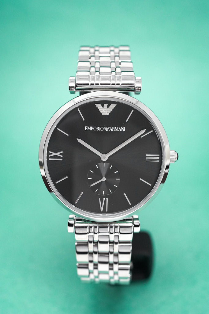 Emporio Armani Retro Black Dial Silver Steel Strap Watch For Men Emporio Armani Retro Black Dial Silver Steel Strap Watch For Men
