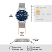 Emporio Armani Minimalist Quartz Blue Dial Silver Mesh Strap Watch For Men - AR11571