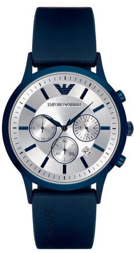 Emporio Armani Renato Chronograph Silver Dial Blue Silicone Strap Watch For Men - AR11026