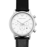 Emporio Armani Classic Quartz Chronograph White Dial Black Leather Strap Watch For Men - AR1807