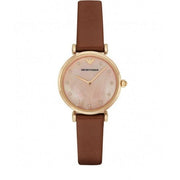 Emporio Armani Gianni T Bar Quartz Pink Mother of Pearl Dial Brown Leather Strap Watch For Women - AR1960