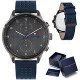 Tommy Hilfiger Chase Grey Dial Blue Leather Strap Watch for Men - 1791578