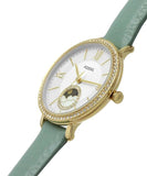 Fossil Jacqueline Analog Moonphase Mother of Pearl White Dial Green Leather Strap Watch for Women - ES5168