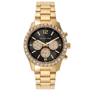 Michael Kors Berkley Chronograph Black Dial Gold Steel Strap Watch For Women - MK7414